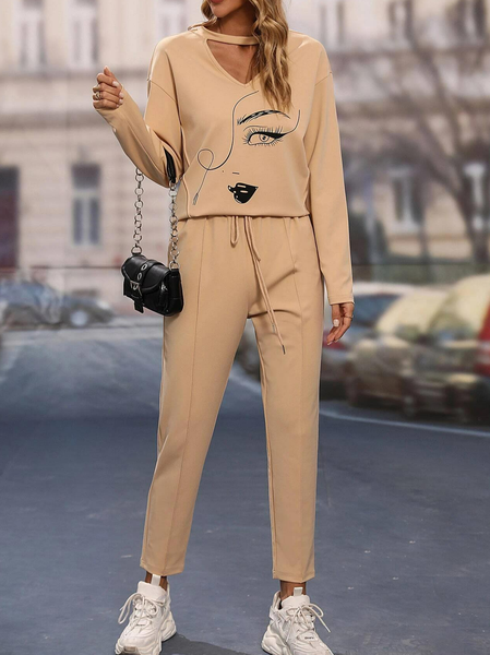 

Casual Figure Graphic Drop Shoulder Sweatshirt & Pant, Khaki, Suit Set