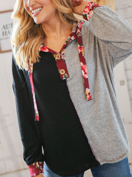 

Casual Regular Fit Floral V Neck Top, Gray, Hoodies & Sweatshirts