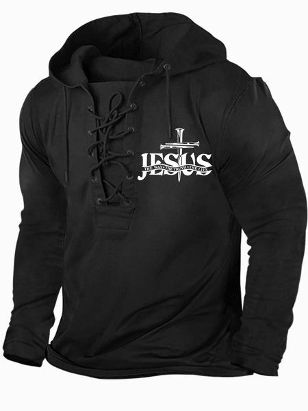 

Men’s Jesus The Way The Truth The Life Half Open Collar Text Letters Casual Regular Fit Sweatshirt, Black, Hoodies&Sweatshirts