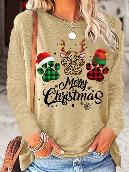 

Women's Paw Christmas Print Casual Top, Apricot, Long sleeves
