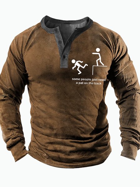 

Men's Some People Just Need A Pat On The Back Funny Graphic Print Casual Half Turtleneck Text Letters Regular Fit Top, Khaki, Long Sleeves
