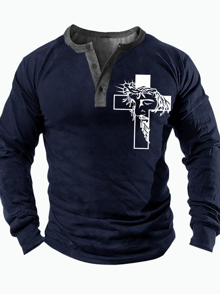 

Men's Religious Belief Cross Jesus Graphic Print Half Turtleneck Casual Regular Fit Top, Dark blue, Long Sleeves