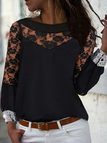 

Long Sleeve Crew Neck Plain Party Top, Black, Tops