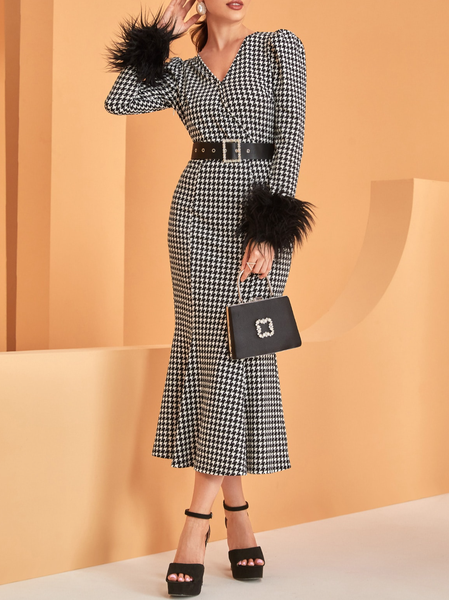 

Houndstooth Print Fuzzy Cuff Puff Sleeve Dress With Bel, Black-white, Maxi Dresses