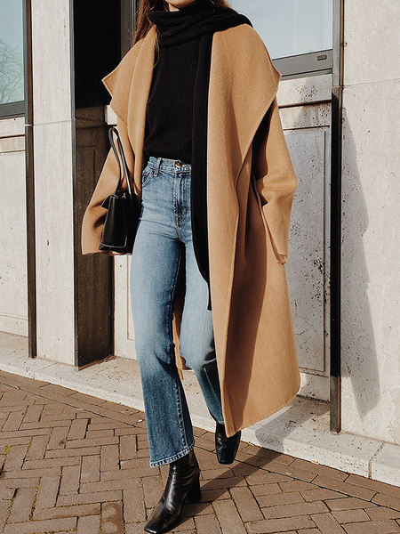 

Long sleeve Shawl Collar Urban Loose Mid-long Overcoat, Khaki, Coats