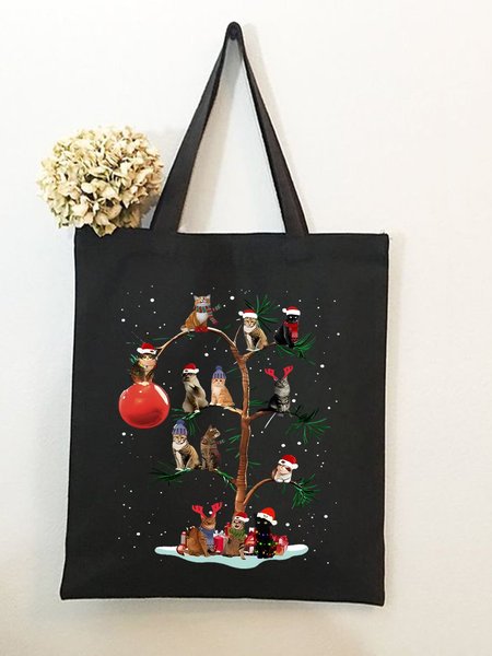 

Christmas Trees And Cats Festival Graphic Casual Shopping Tote Bag, Black, Bags