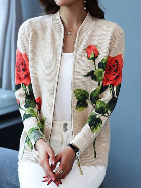 

Floral V Neck Casual Regular Fit Jacket, Apricot, Jackets