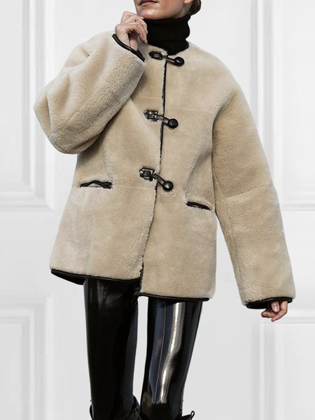 

Urban Loose Plain Crew Neck Long Sleeve Teddy Jacket, Camel, Cardigans