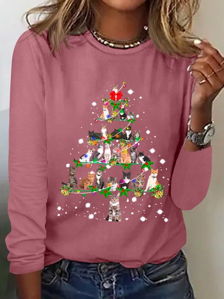 

Women‘s Funny Cat Simple Christmas Tree Long Sleeve Top, Pink, Long sleeves