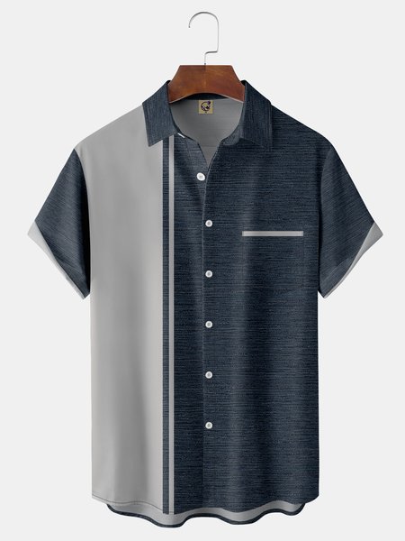 

Striped Chest Pocket Short Sleeve Bowling Shirt, Black, Men Shirts