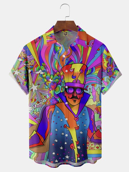 

Hippie Music Chest Pocket Short Sleeve Hawaiian Shirt, Multicolor, Men Shirts