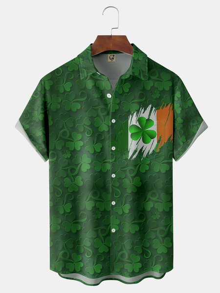 

St. Patrick's Day Shamrock Chest Pocket Short Sleeve Shirt, Green, Men Shirts