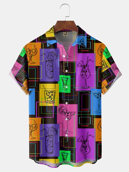 

Fluorescent Geometric Cocktail Chest Pocket Short Sleeve Shirt, Black, Men Shirts