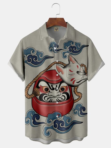 

Japanese Ukiyo-e Cat Chest Pocket Short Sleeve Hawaiian Shirt, Black, Men Shirts