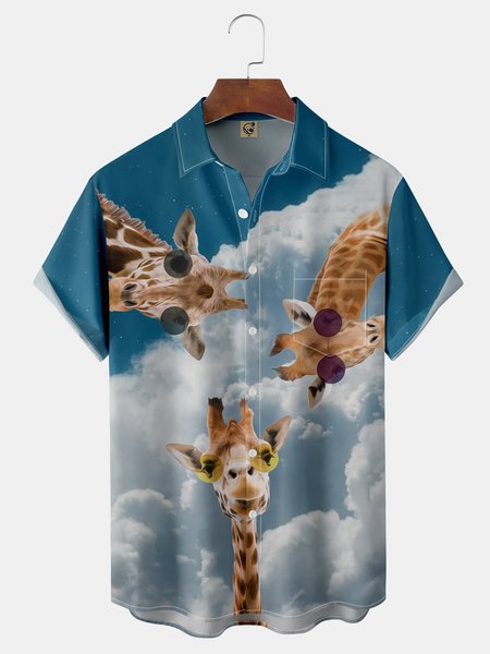 

Giraffe Sky Chest Pocket Short Sleeve Hawaiian Shirt, Blue, Men Shirts