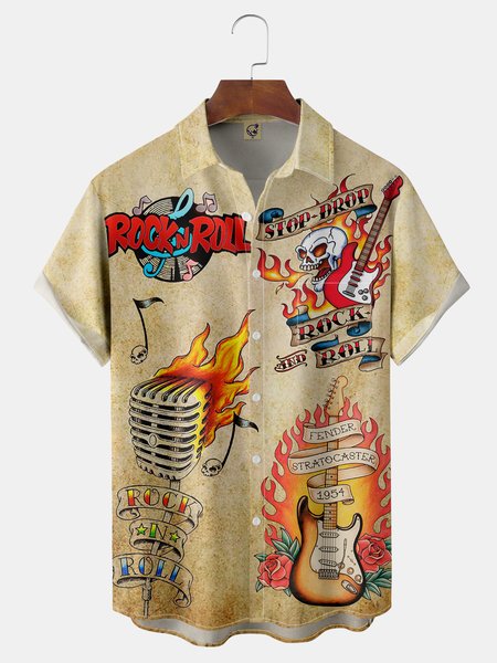 

Rock n Roll Guitar Tattoo Chest Pocket Short Sleeve Casual Shirt, Khaki, Men Shirts