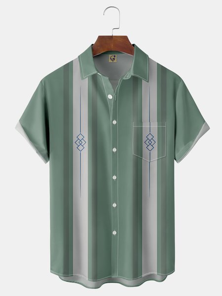

Colorblock Geometric Chest Pocket Short Sleeve Bowling Shirt, Green, Men Shirts