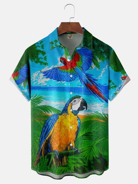 

Parrot Chest Pocket Short Sleeve Hawaiian Shirt, Blue, Men Shirts