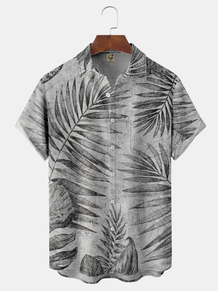 

Palm Leaf Chest Pocket Short Sleeve Hawaiian Shirt, Gray, Short Sleeve Shirts