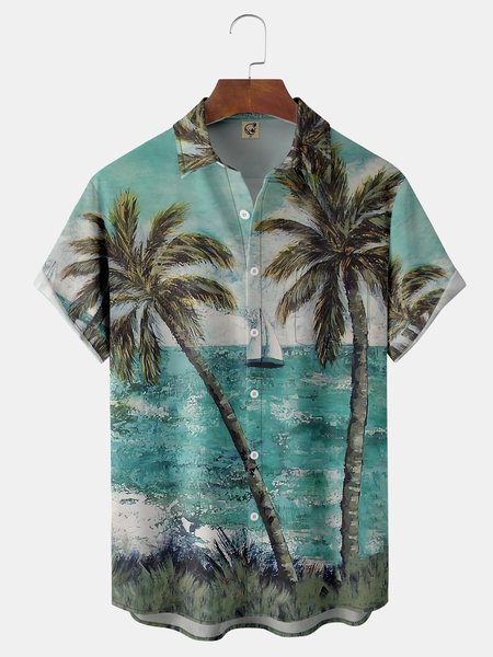 

Oil Painting Coconut Tree Chest Pocket Short Sleeve Hawaiian Shirt, Green, Short Sleeve Shirts