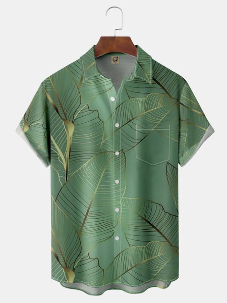 

Leaves Chest Pocket Short Sleeve Hawaiian Shirt, Green, Men Shirts