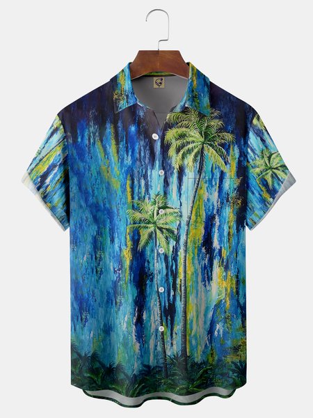 

Coconut Tree Chest Pocket Short Sleeve Hawaiian Shirt, Blue, Men Shirts