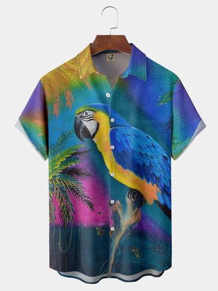 

Oil Painting Parrot Chest Pocket Short Sleeve Hawaiian Shirt, Blue, Short Sleeve Shirts