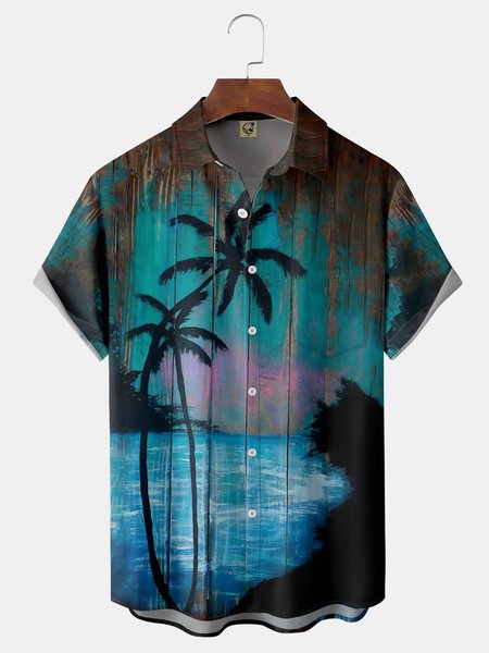 

Coconut Tree Chest Pocket Short Sleeve Hawaiian Shirt, Blue, Men Shirts