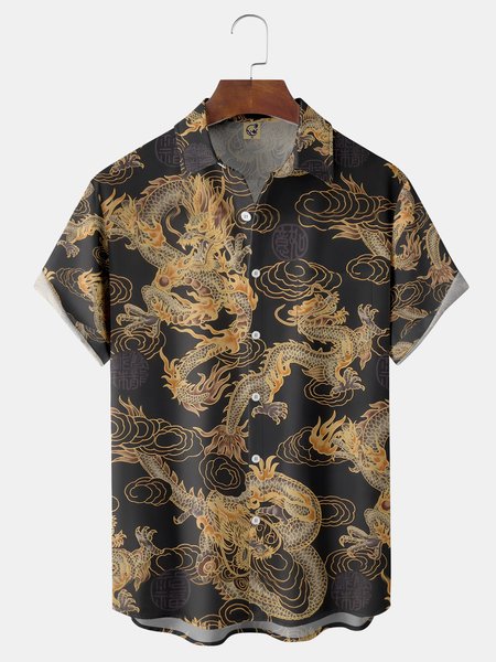

Japanese Dragon Chest Pocket Short Sleeve Hawaiian Shirt, Black, Men Shirts