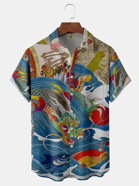 

Ukiyo-e Dragon Chest Pocket Short Sleeve Hawaiian Shirt, Blue, Men Shirts