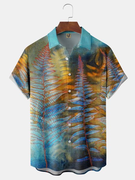 

Rendered Leaf Texture Chest Pocket Short Sleeve Shirt, Blue, Men Shirts