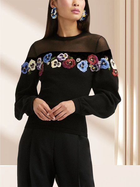 

Elegant Knitted Crew Neck Spring Sweater, Black, Pullovers