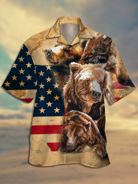 

Map American Flag Brown Bear Short Sleeve Shirt, Men Shirts