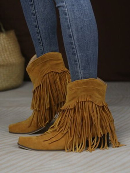 

Vintage Fringed Faux Suede West Style Pointed-Toe Chunky Heel Boots, Brown, Boots
