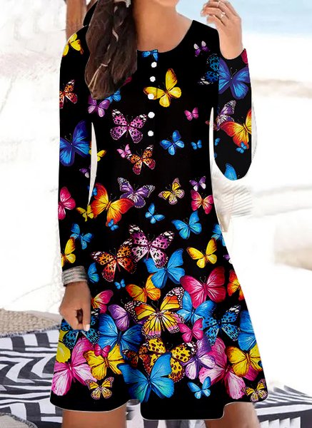 

Women's Crew Neck Casual Butterfly Dress, As picture, Dresses