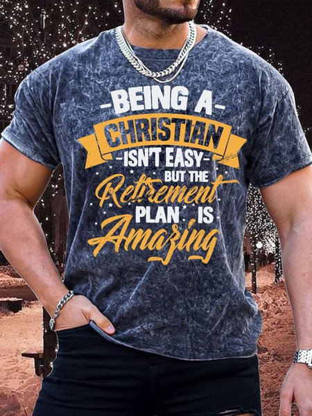 

Men's Being A Christian Isn'T Easy But The Retiremen Plan Is Funny Print Casual Crew Neck Text Letters Loose T-Shirt, Dark blue, T-shirts