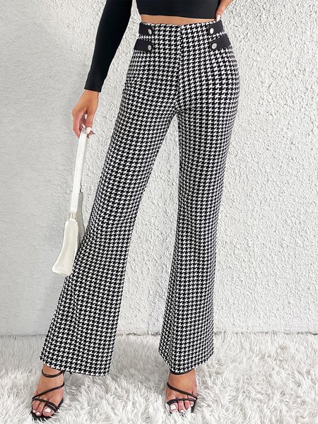 

Buttoned Urban Houndstooth Fashion Pants, Black-white, Pants