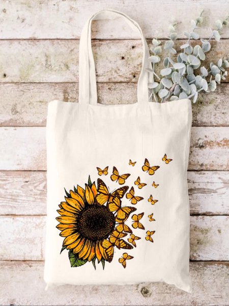 

Sunflower And Butterflies Plant Graphic Casual Shopping Tote Bag, White, Bags