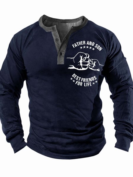 

Men’s Father And Son Best Friends For Life Casual Half Open Collar Regular Fit Top, Deep blue, Long Sleeves