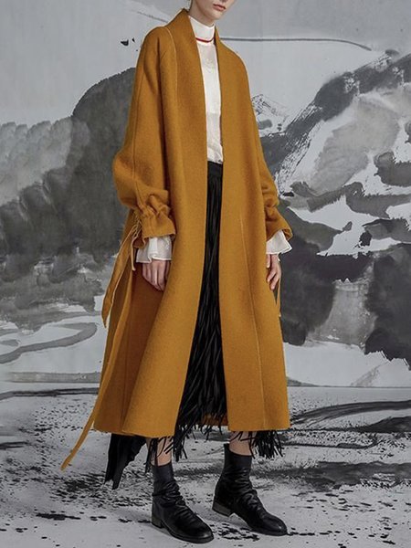 

Long sleeve V Neck Elegant Loose Plain Overcoat, Yellow, Coats