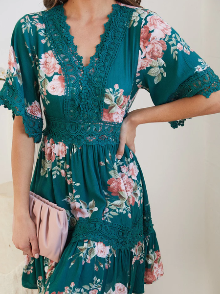 

V Neck Floral Regular Fit Vacation Dress, Multicolor, Dresses