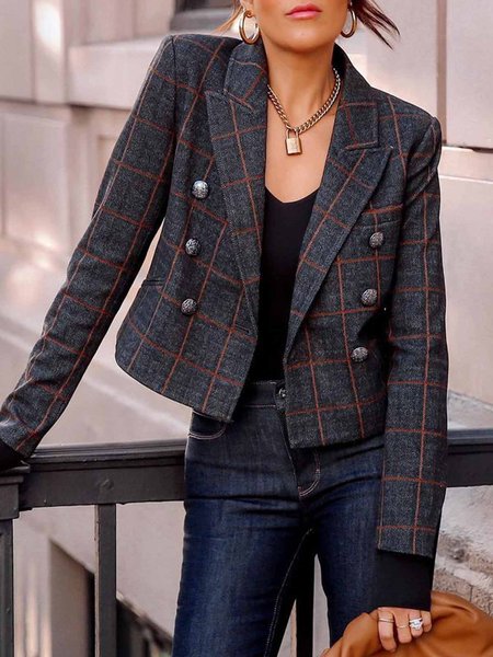 

Urban Lapel Collar Plaid Long Sleeve Double Breasted Blazer, Gray, Blazers