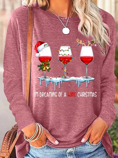 

Women's I Am Dreaming Of Wine Christmas Casual Letters Top, Rose red, Long sleeves