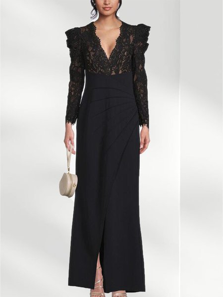 

Regular Fit Elegant Plain Party Dress, Black, Maxi Dresses