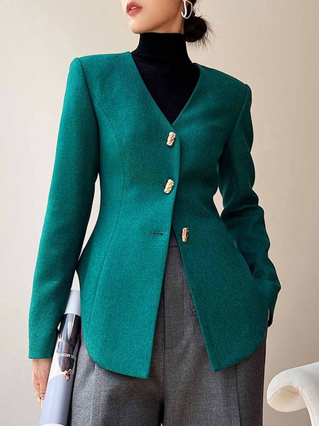 

V Neck Elegant Plain Buttoned Long Sleeve Jacket, Green, Jackets