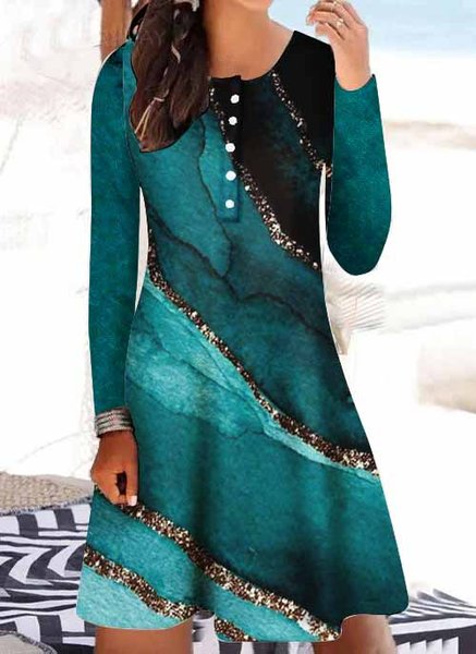 

Women's Buttons Crew Neck Casual Geometric Regular Fit Dress, Green, Dresses