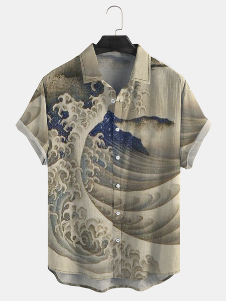 

Retro Ukiyoe Wave Casual Shirt, As picture, Men Shirts