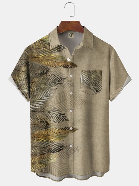 

Art Palm Leaf Chest Pocket Short Sleeve Hawaiian Shirt, Brown, Men Shirts