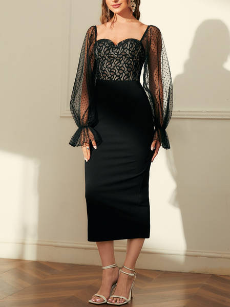 

Contrast Lace Sweetheart Neck Flounce Sleeve Split Back Velvet Dress, Black, Maxi Dresses