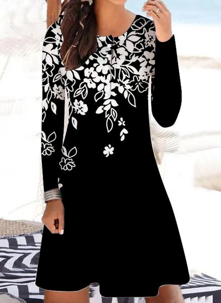 

Women's Black White Flower Print Casual Dress, As picture, Dresses